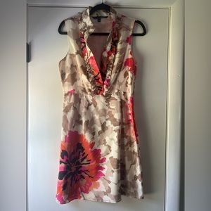 Liquid Mercer Dress 100% Silk Deep V Neckline Ruffle Floral Pink Cream Size 8